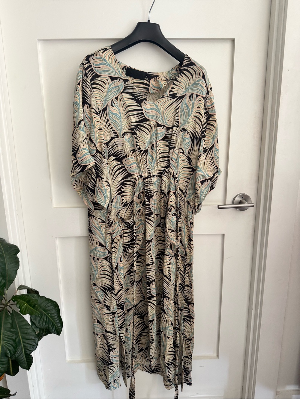 No. 6 Leaf-Print Midi Dress in Black, Cream and Mint